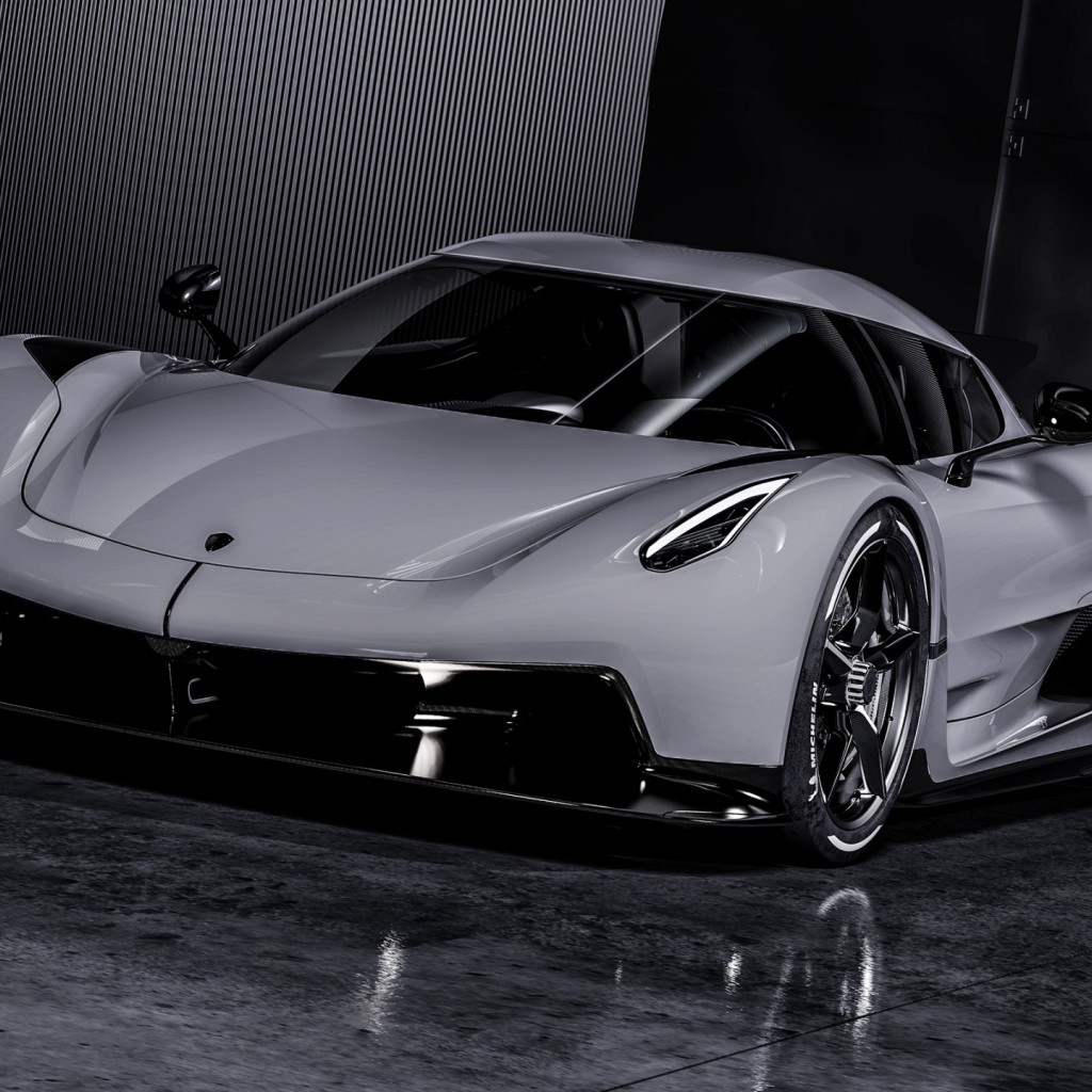 Серебристый автомобиль Koenigsegg Jesko Absolut 2020 года 