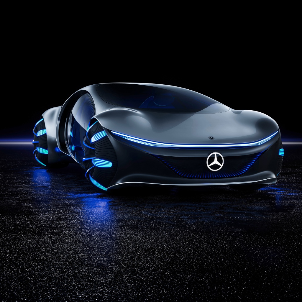 Футуристический автомобиль Mercedes-Benz VISION AVTR 2020 года на черном фоне