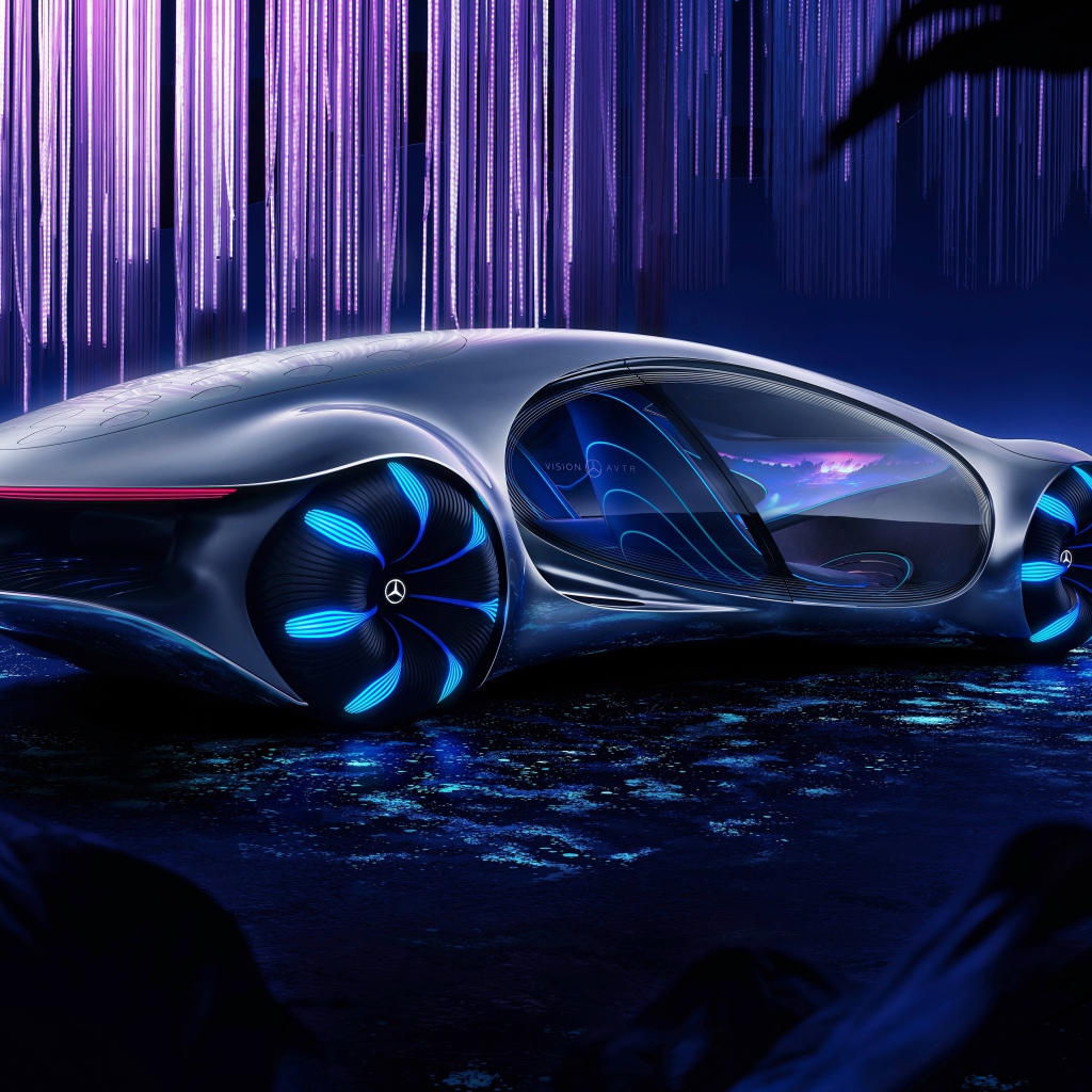 Футуристический автомобиль Mercedes-Benz VISION AVTR 2020 года на неоновом фоне