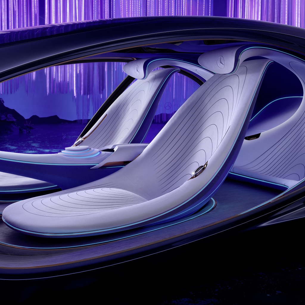 Салон нового автомобиля Mercedes-Benz VISION AVTR 2020 года с неоновой подсветкой 