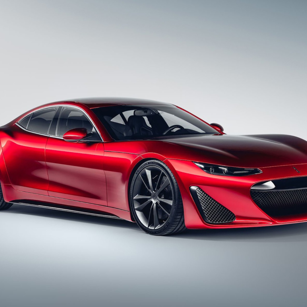 Красный автомобиль Drako GTE, 2020 года на сером фоне