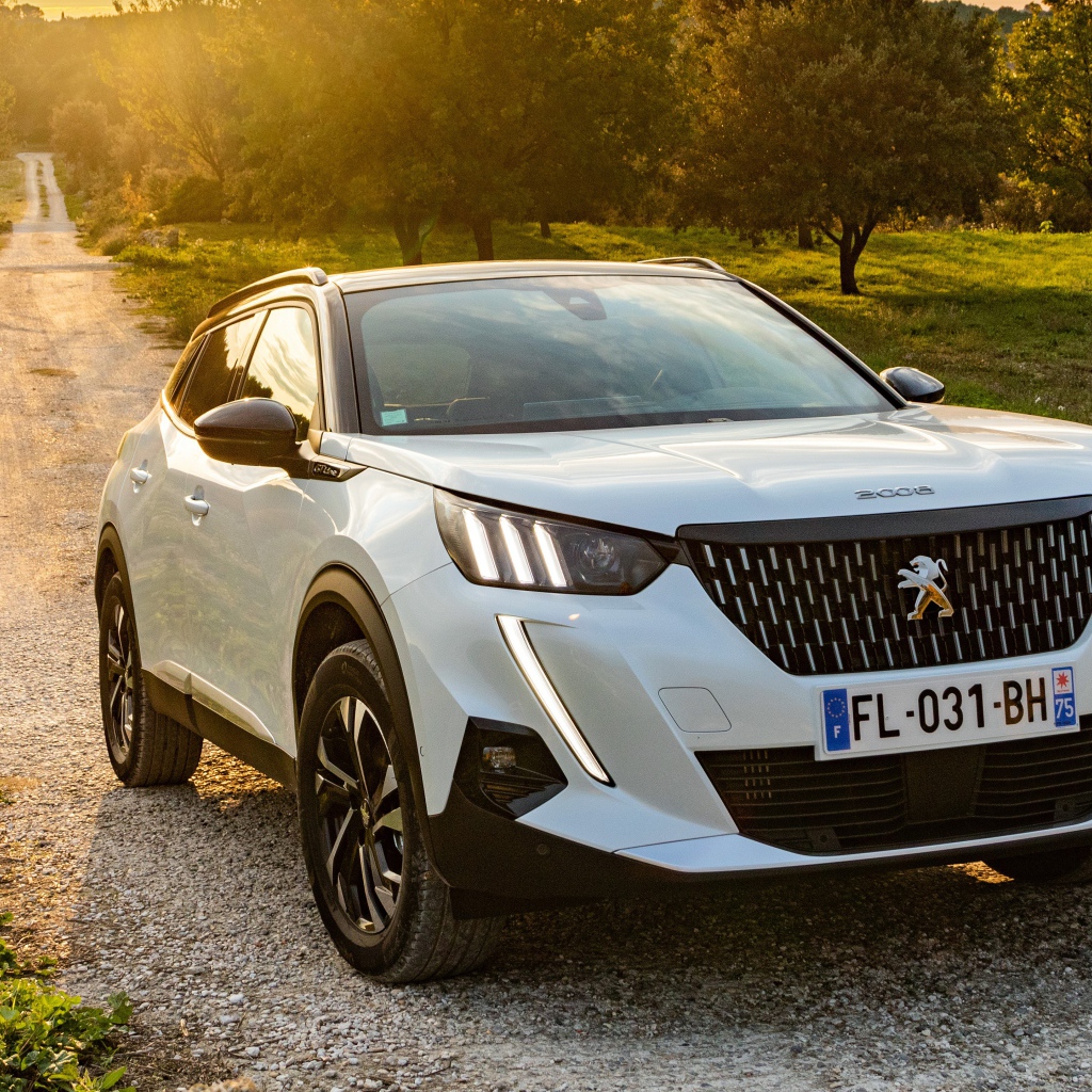 Белый внедорожник Peugeot 2008 GT Line 2019 года на дороге в лесу