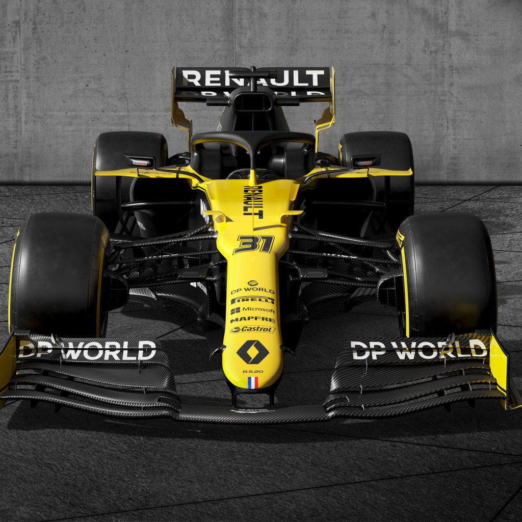 Гоночный автомобиль Renault RS20 2020 года на сером фоне