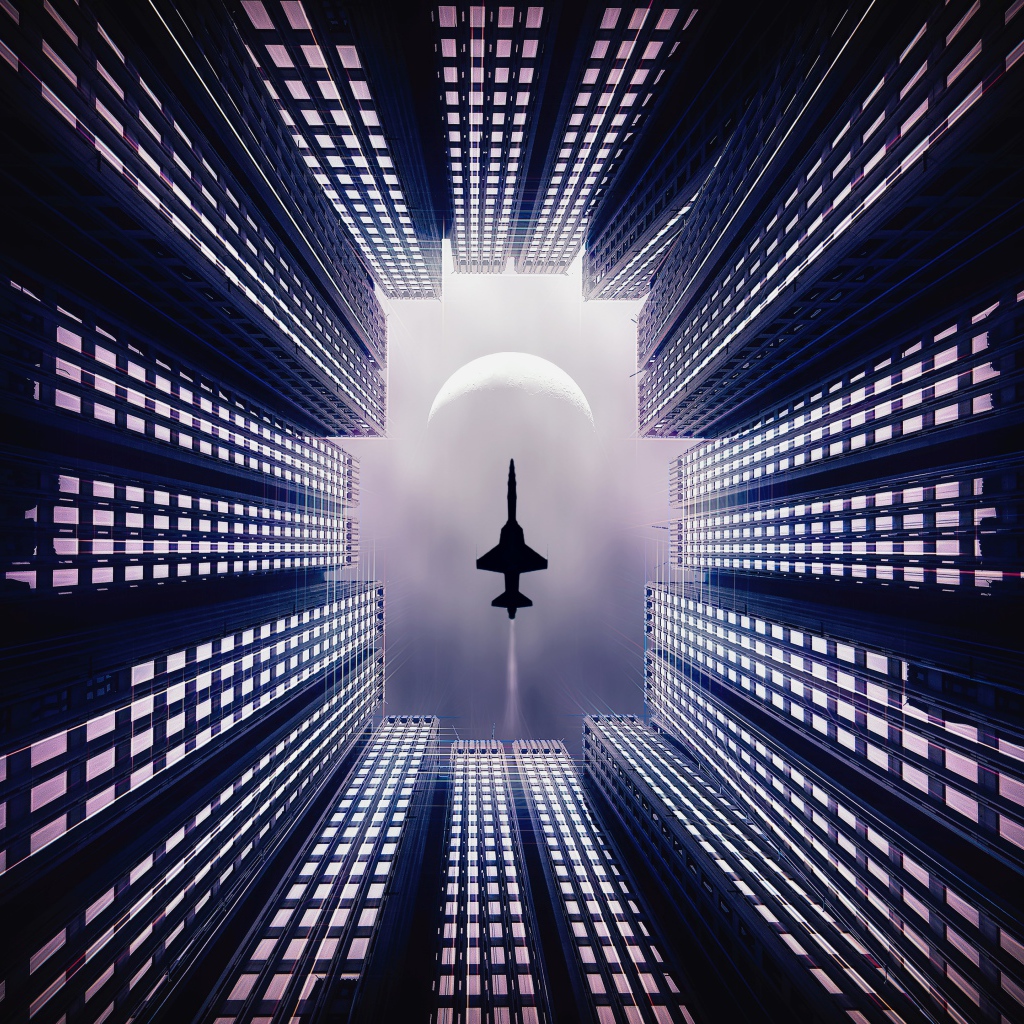 Самолет летит над небоскребами 