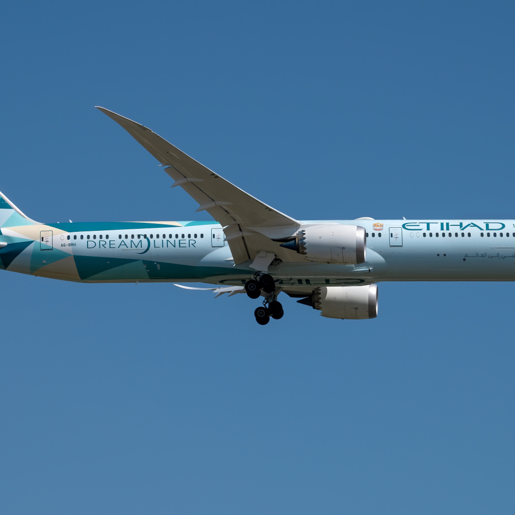 Пассажирский самолет авиакомпании  Dreamliner убирает шасси в небе 