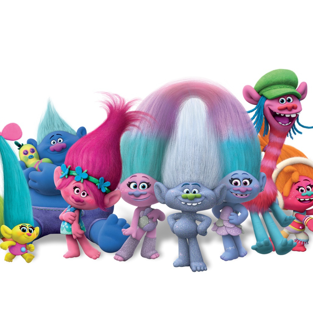 Герои мультфильма Тролли: Мировой тур 2020 года на белом фоне