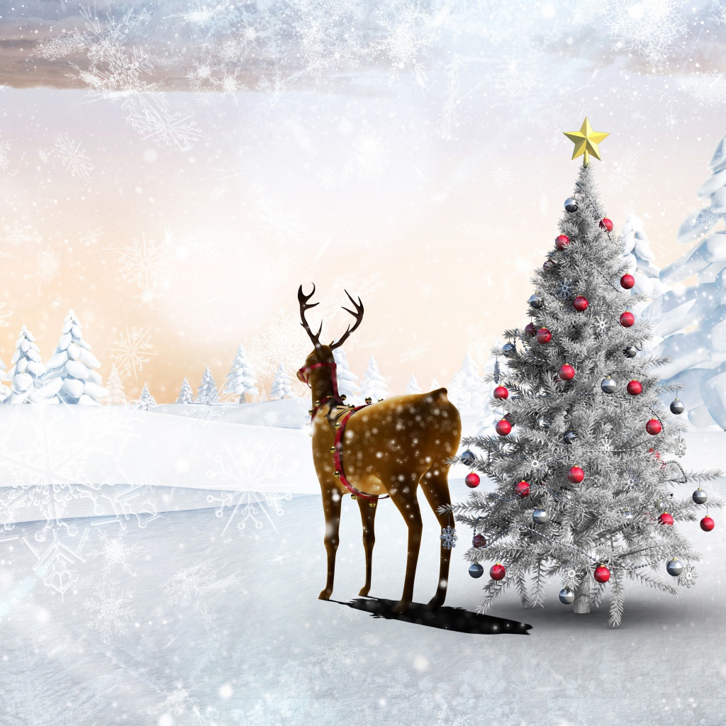 Олень у наряженной ели, шаблон открытки на Рождество