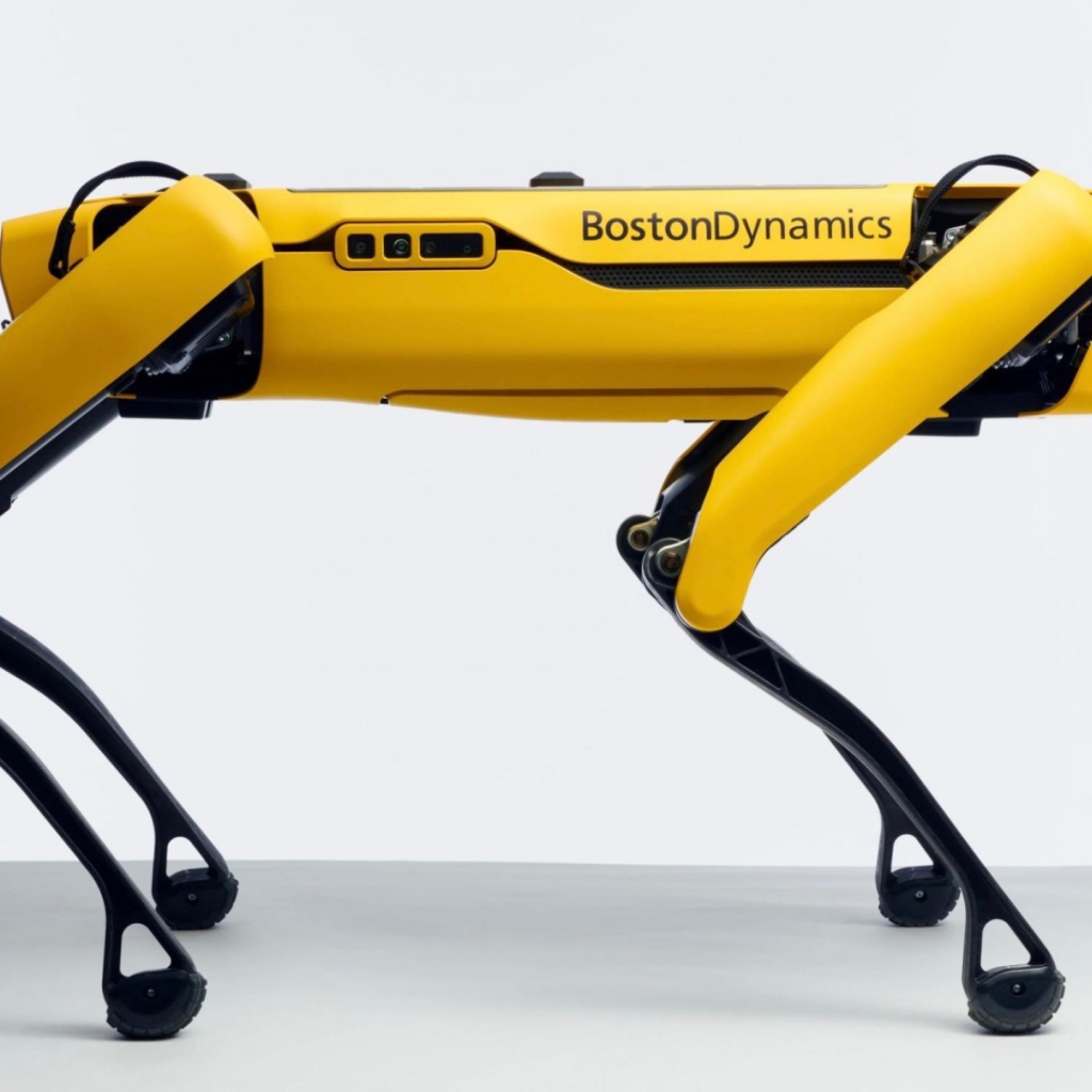 Желтый четвероногий робот Спот на белом фоне
