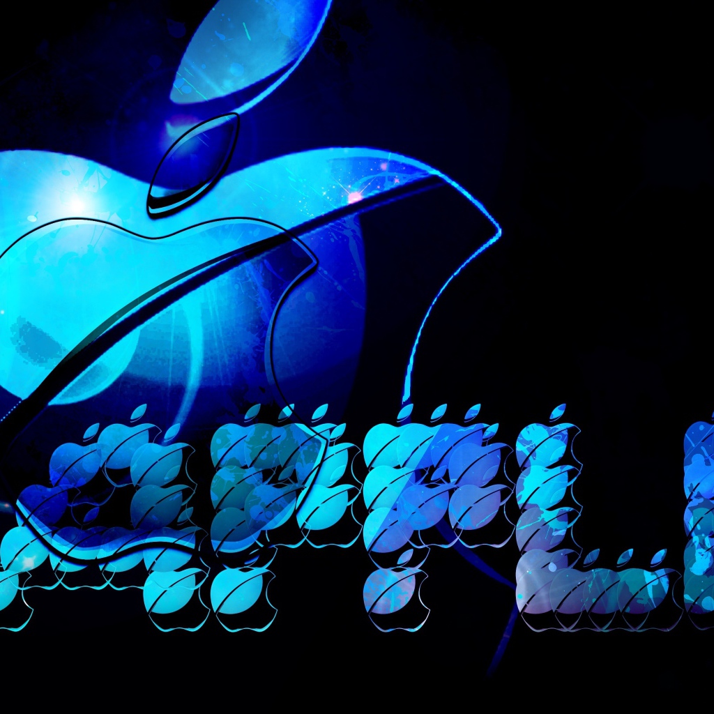 Синий неоновый логотип Apple на черном фоне