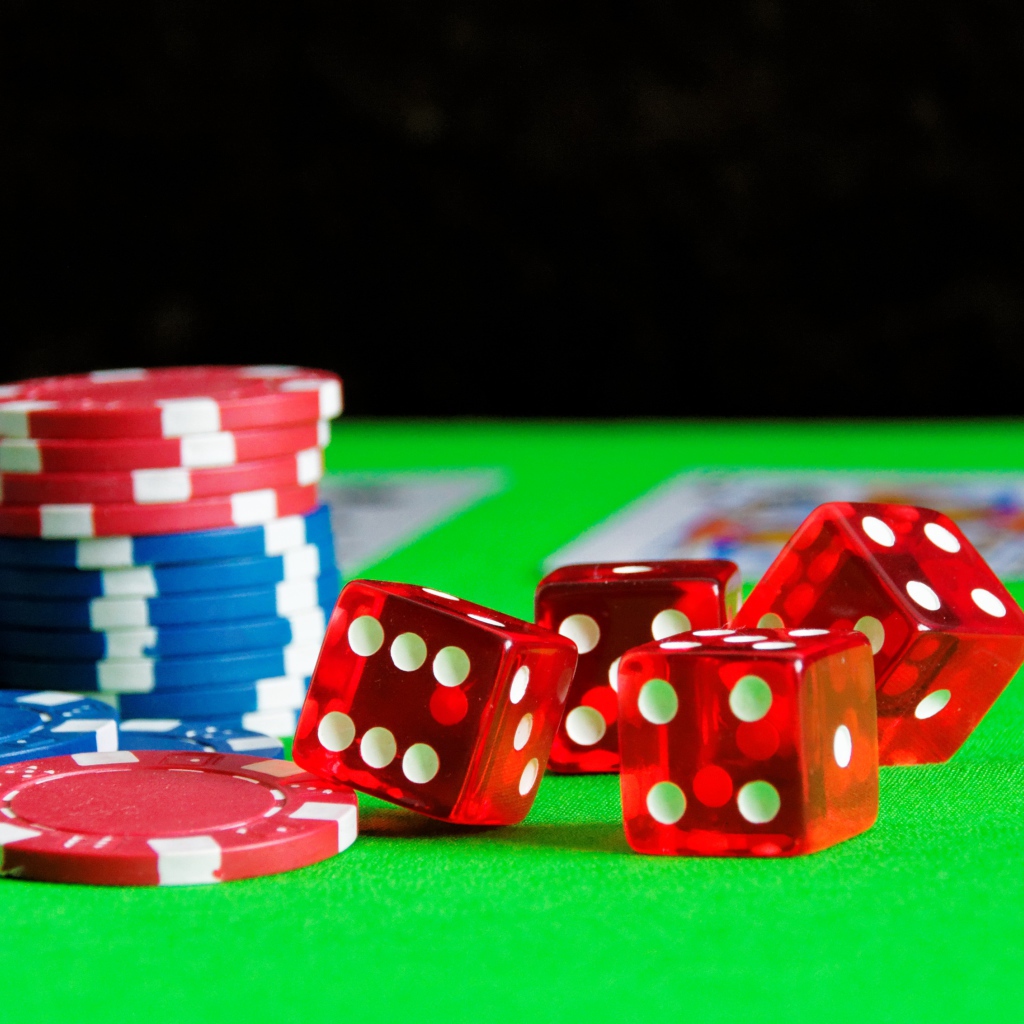 Игральные кости, карты и фишки на столе