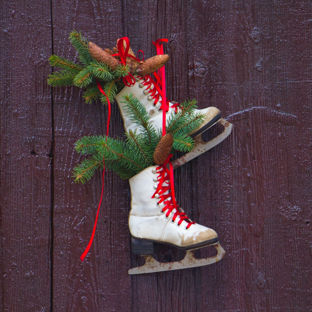 Old skates with fir branches on the door