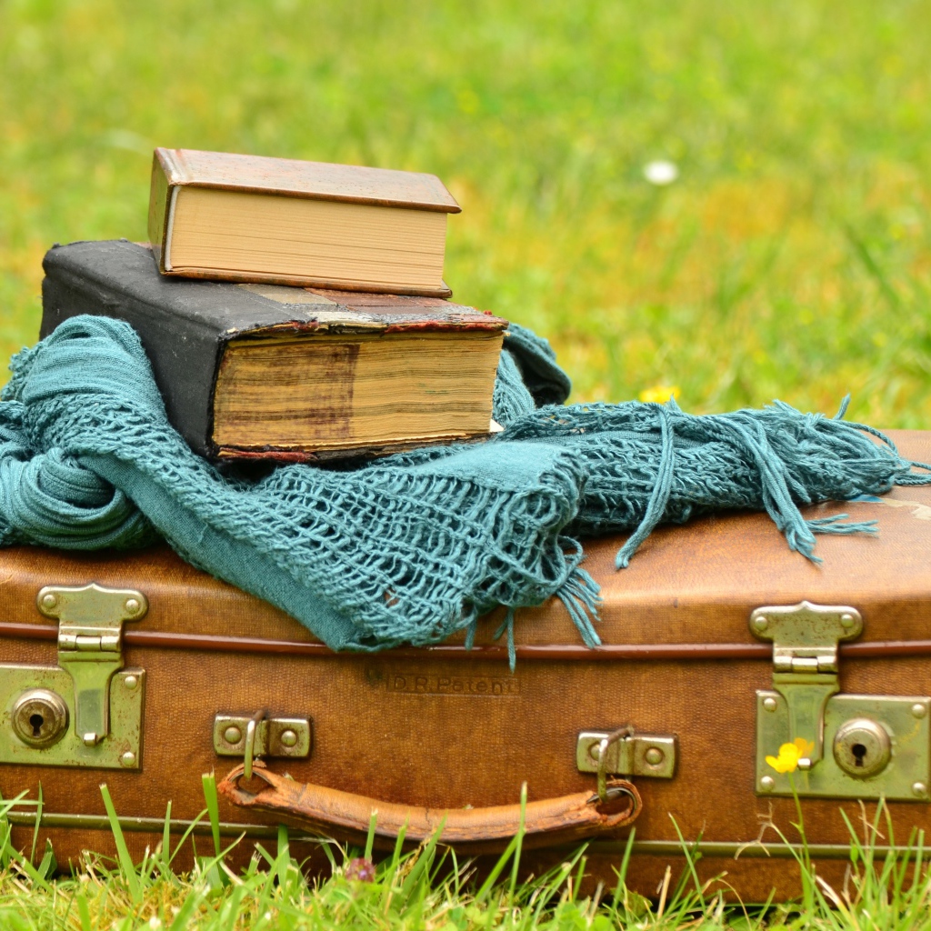 Старый чемодан с книгами и шарфом на траве