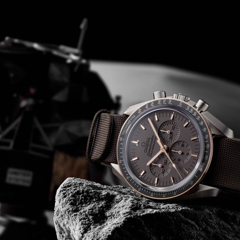 Мужские наручные часы Omega NASA лежат на камне