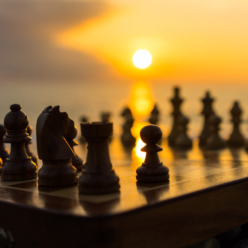 Wooden chess on a chessboard on a sunset background