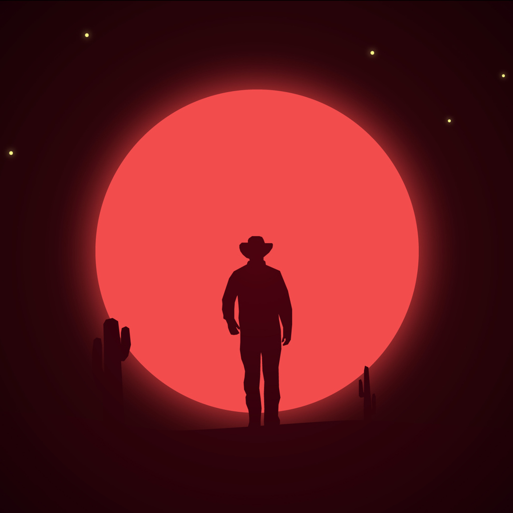 Силуэт ковбоя на фоне красной луны