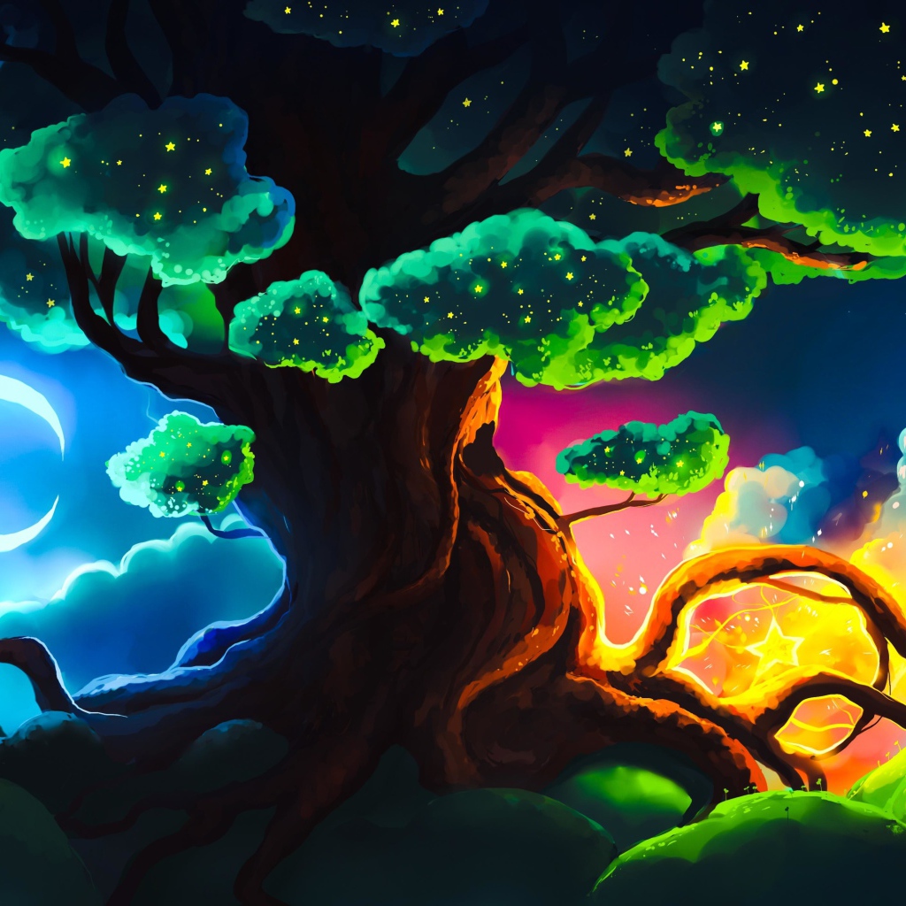 Большое фантастическое дерево ночью