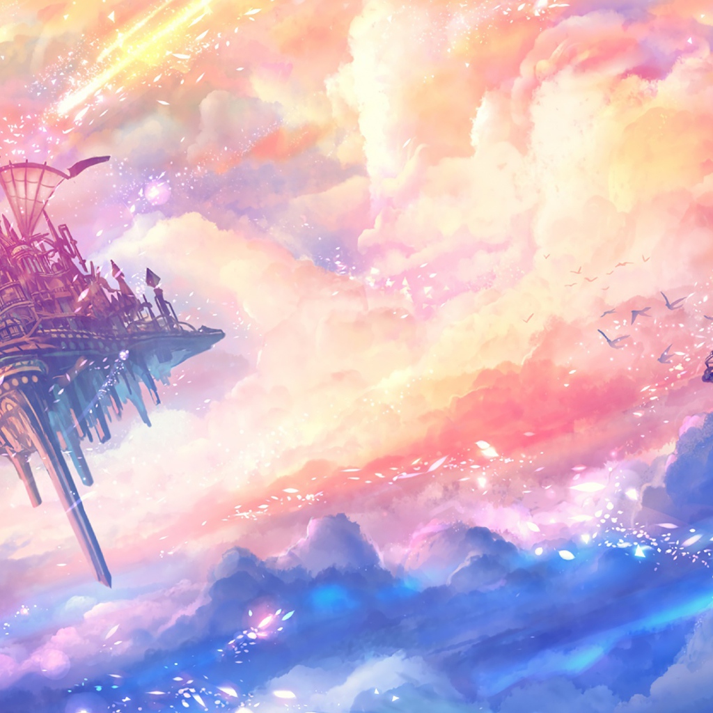 Фантастический замок на летающем острове в небе 