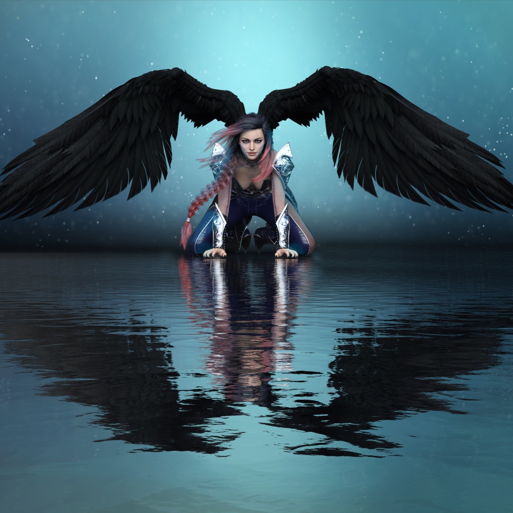 Fantastic girl angel with black wings is reflected in the water