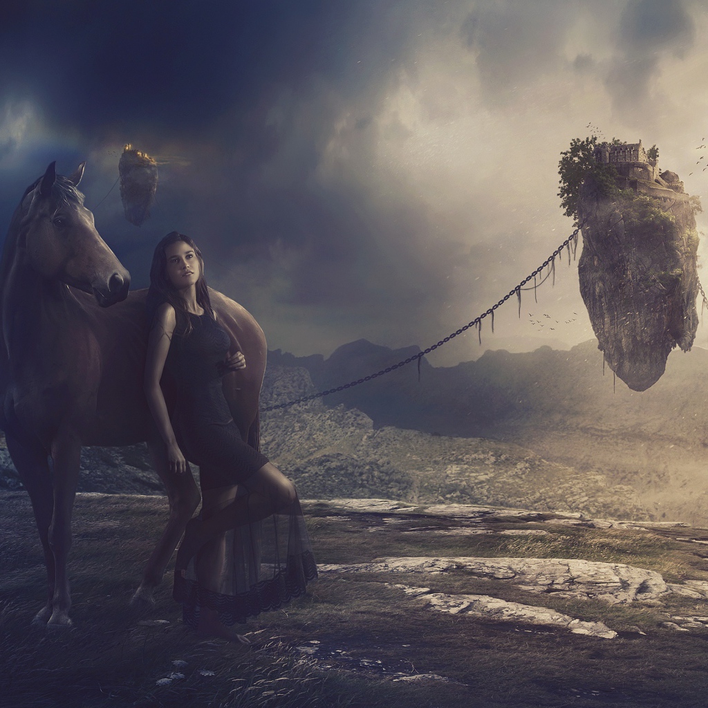 Девушка в черном платье с лошадью на фантастической планете