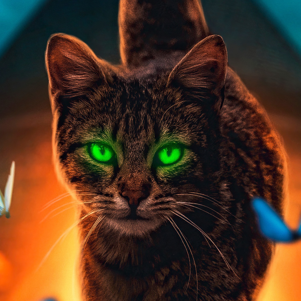 Серый зеленоглазый кот с бабочками