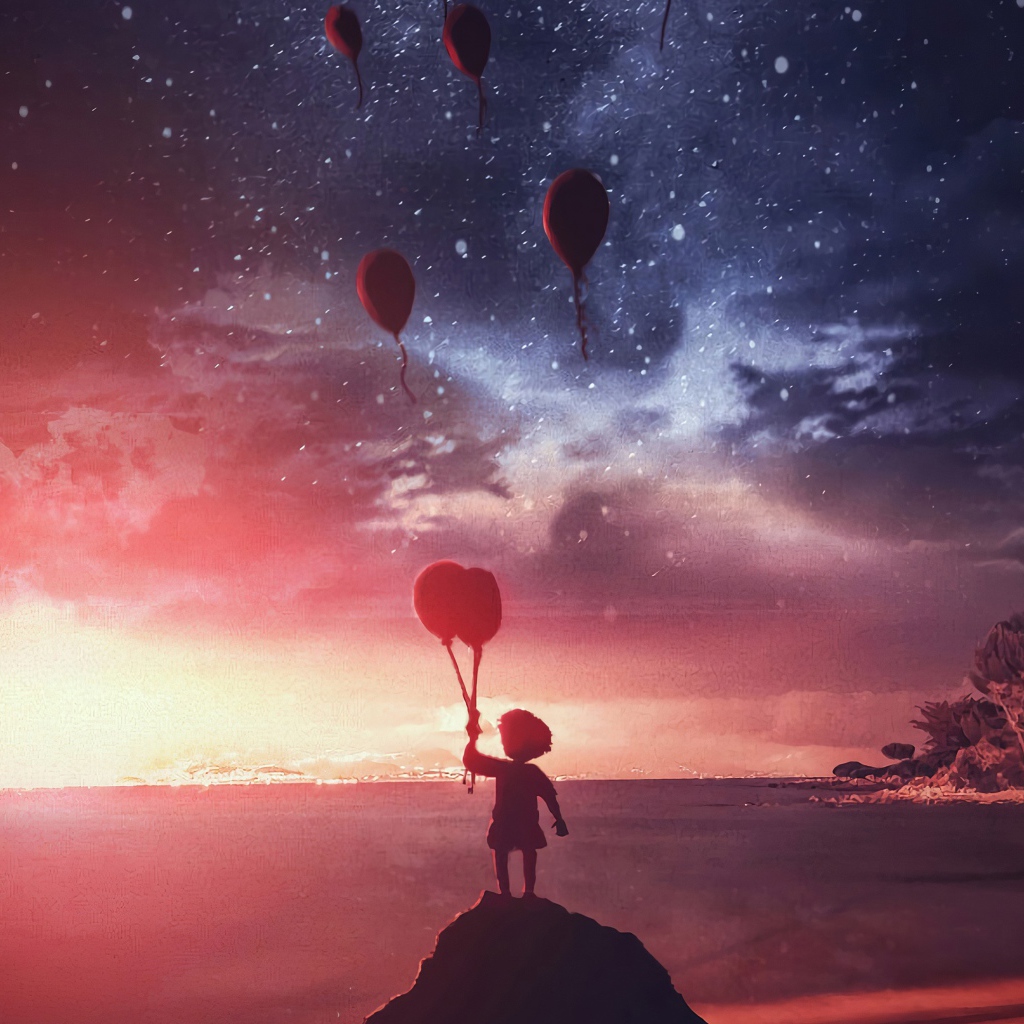 Маленький мальчик запускает в ночное небо воздушные шары на берегу реки