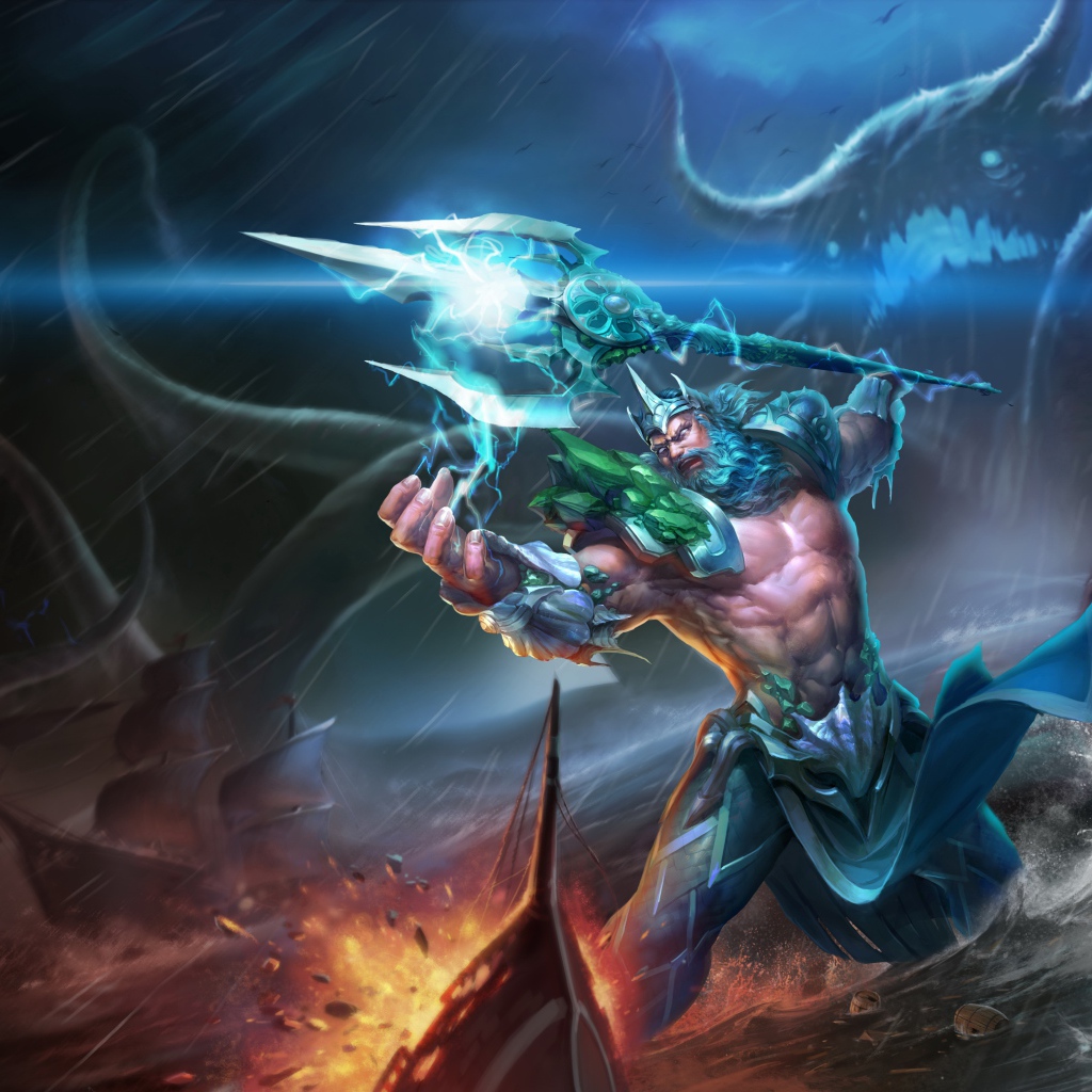 Грозный царь Посейдон в море с трезубцем