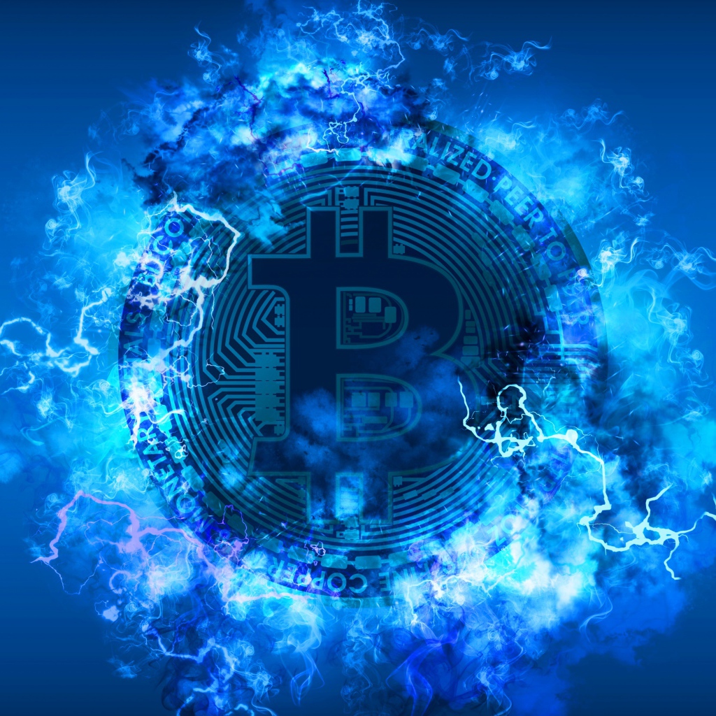 Bitcoin coin in neon fire on a blue background