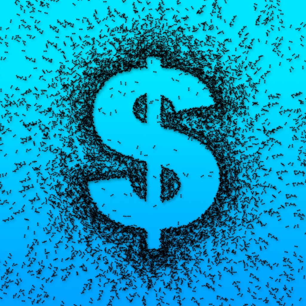 Знак доллар черными муравьями на голубом фоне