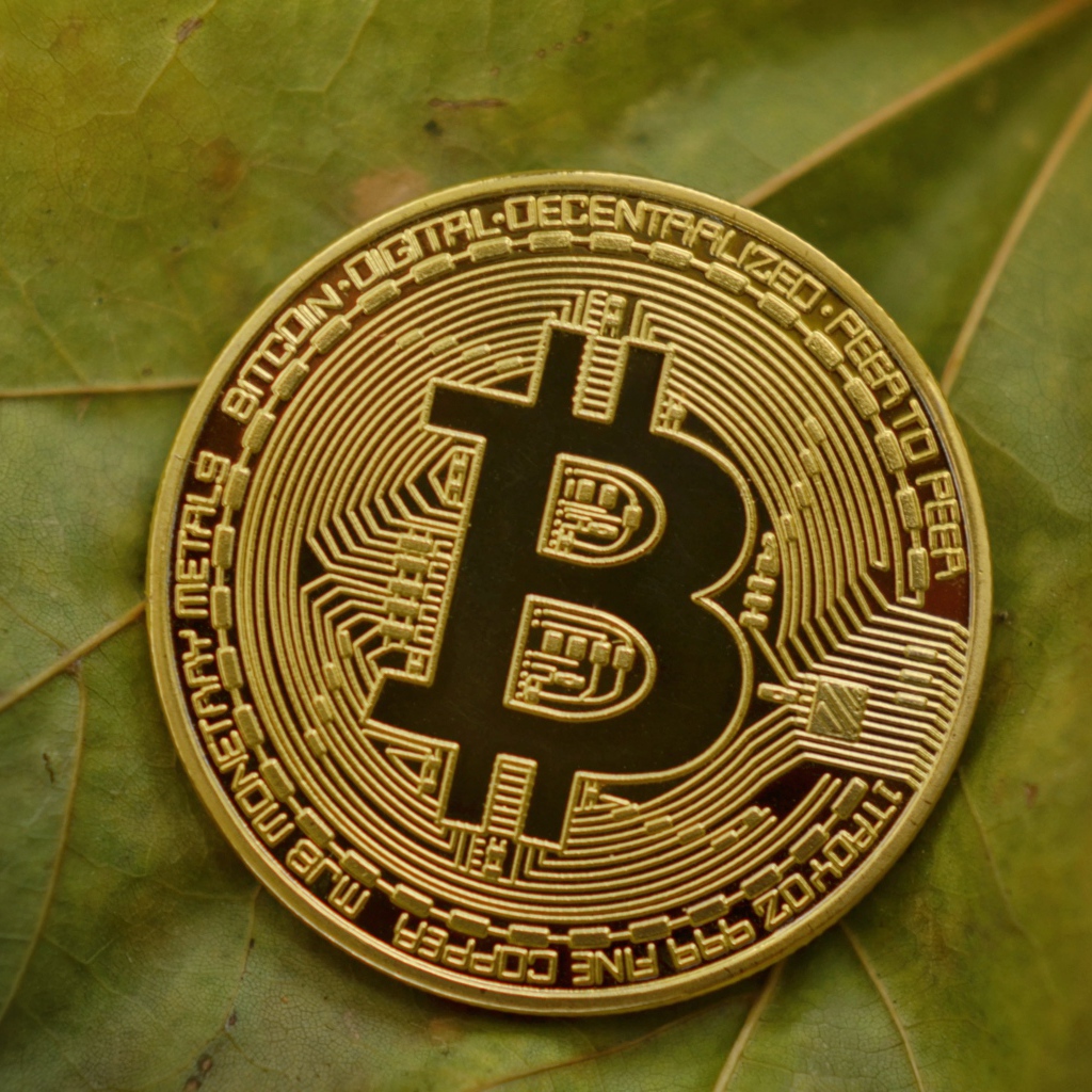 Золотая монета биткоин лежит на зеленом листе