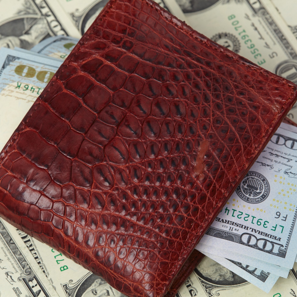 Кожаный кошелек с долларовыми купюрами