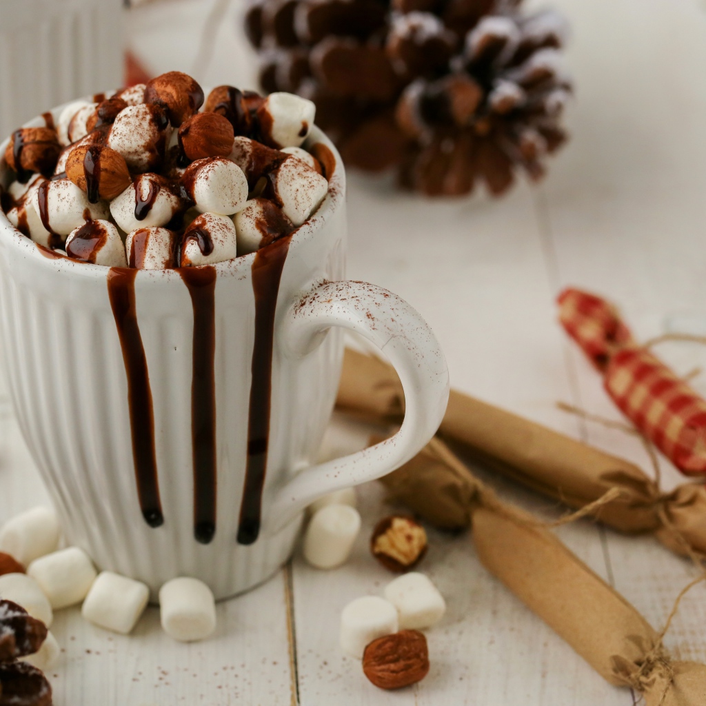 Чашка горячего шоколада с маршмеллоу и корицей 