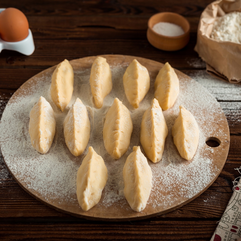 Вареники с картошкой на доске с мукой