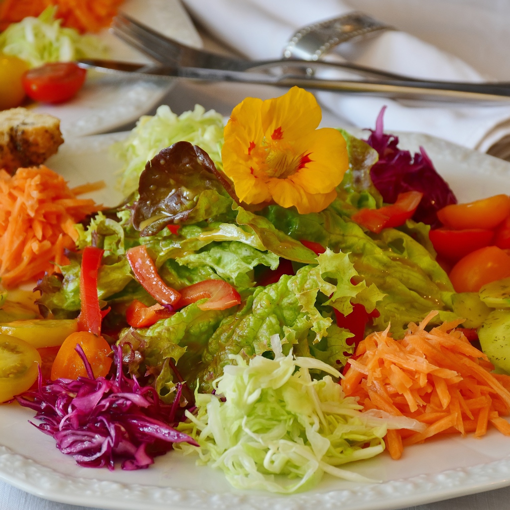 Салат из свежих овощей и зелени на большой белой тарелке 