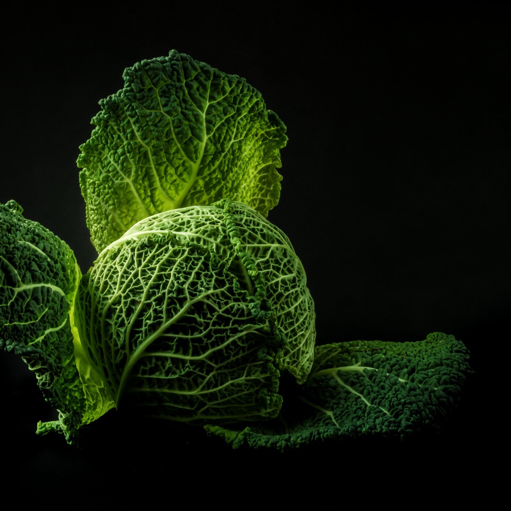 Зеленая капуста на черном фоне крупным планом