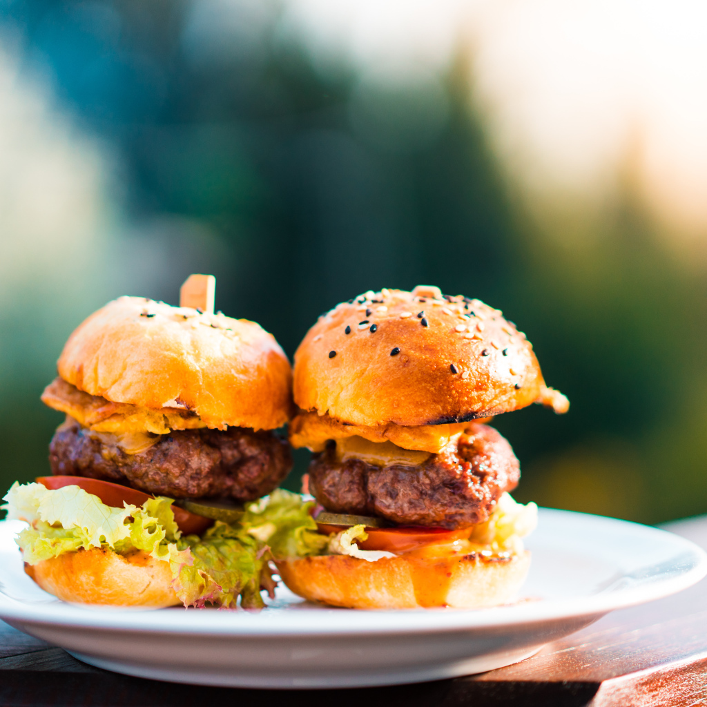 Гамбургеры с сочной котлетой на тарелке 