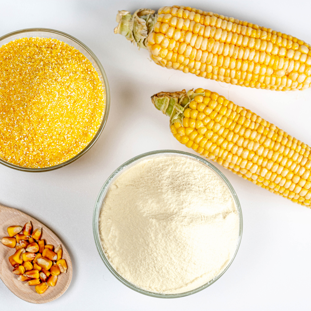 Два початка кукурузы на белом фоне с крупой и мукой 