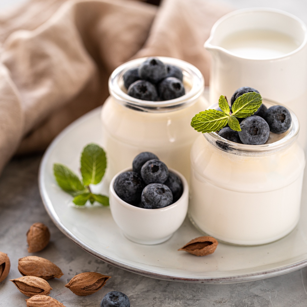 Йогурт на тарелке с ягодами черники 