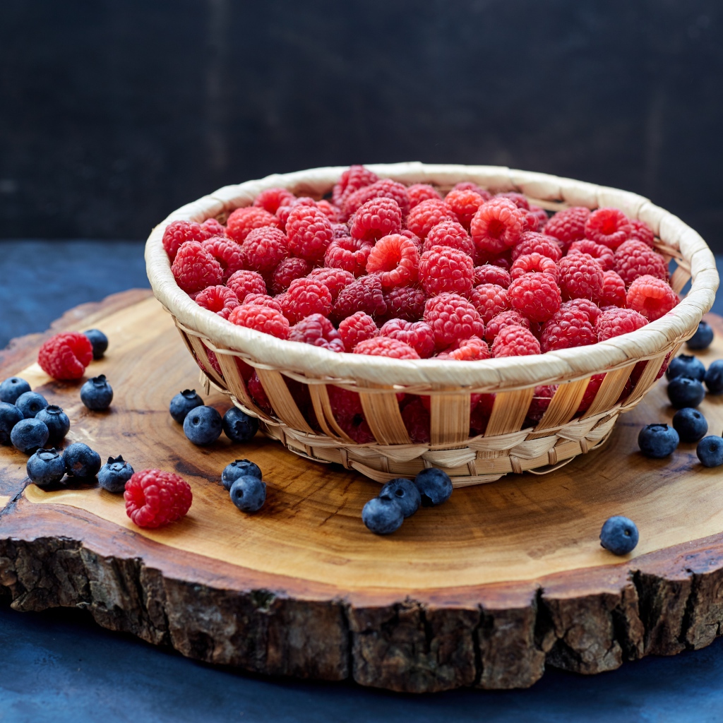 Корзинка с малиной на столе с ягодами черники