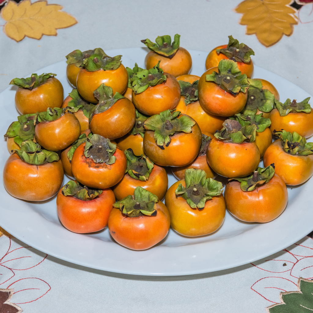 Спелый фрукт хурма на большой белой тарелке 