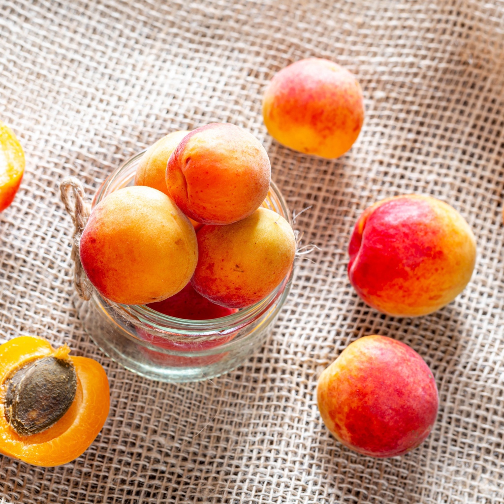 Спелые абрикосы в стеклянной банке на столе 