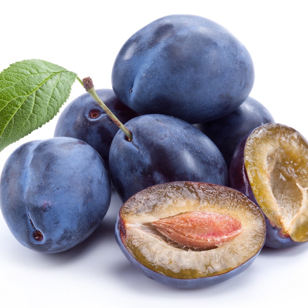 Спелые синие сливы на белом фоне