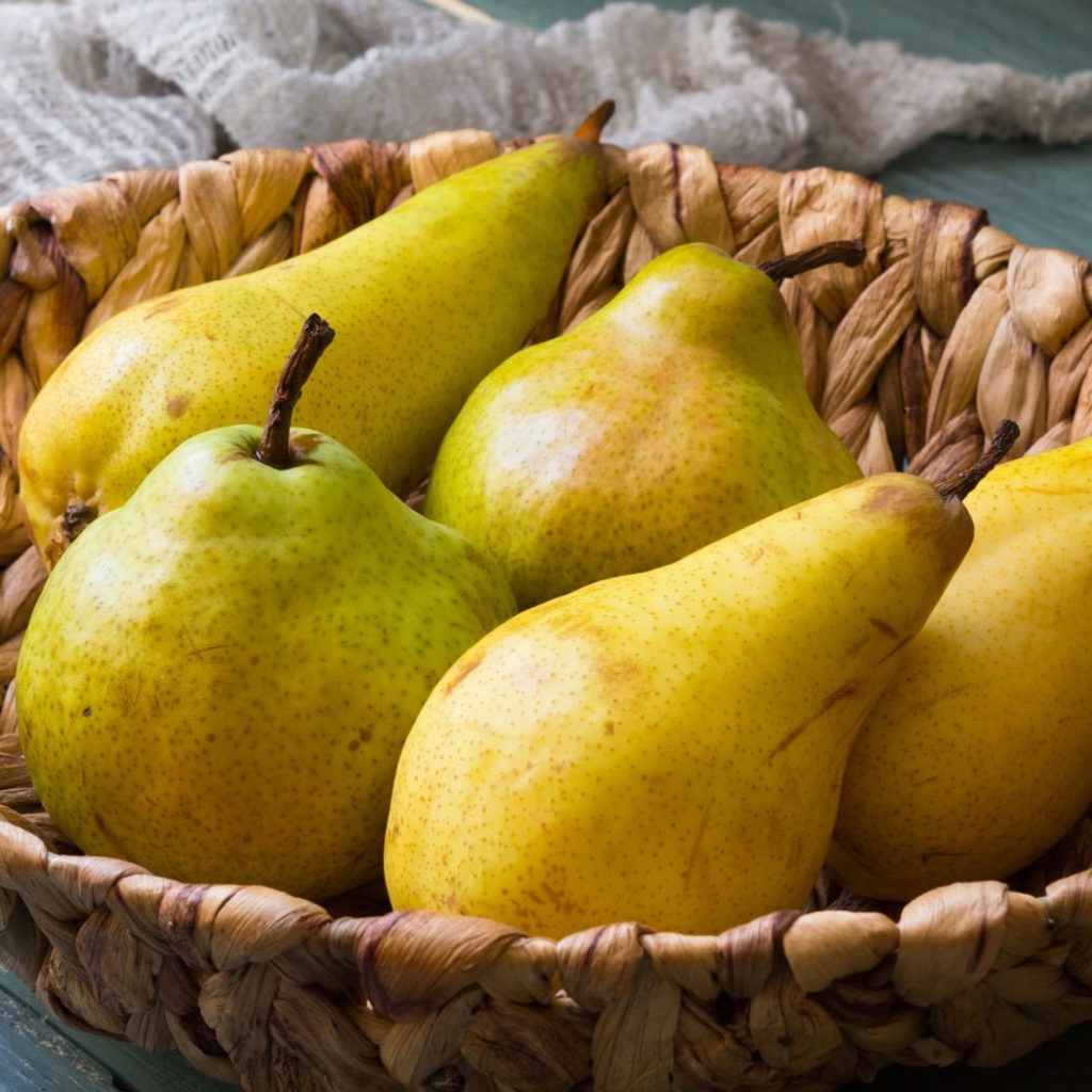 Спелые груши лежат в корзине на столе