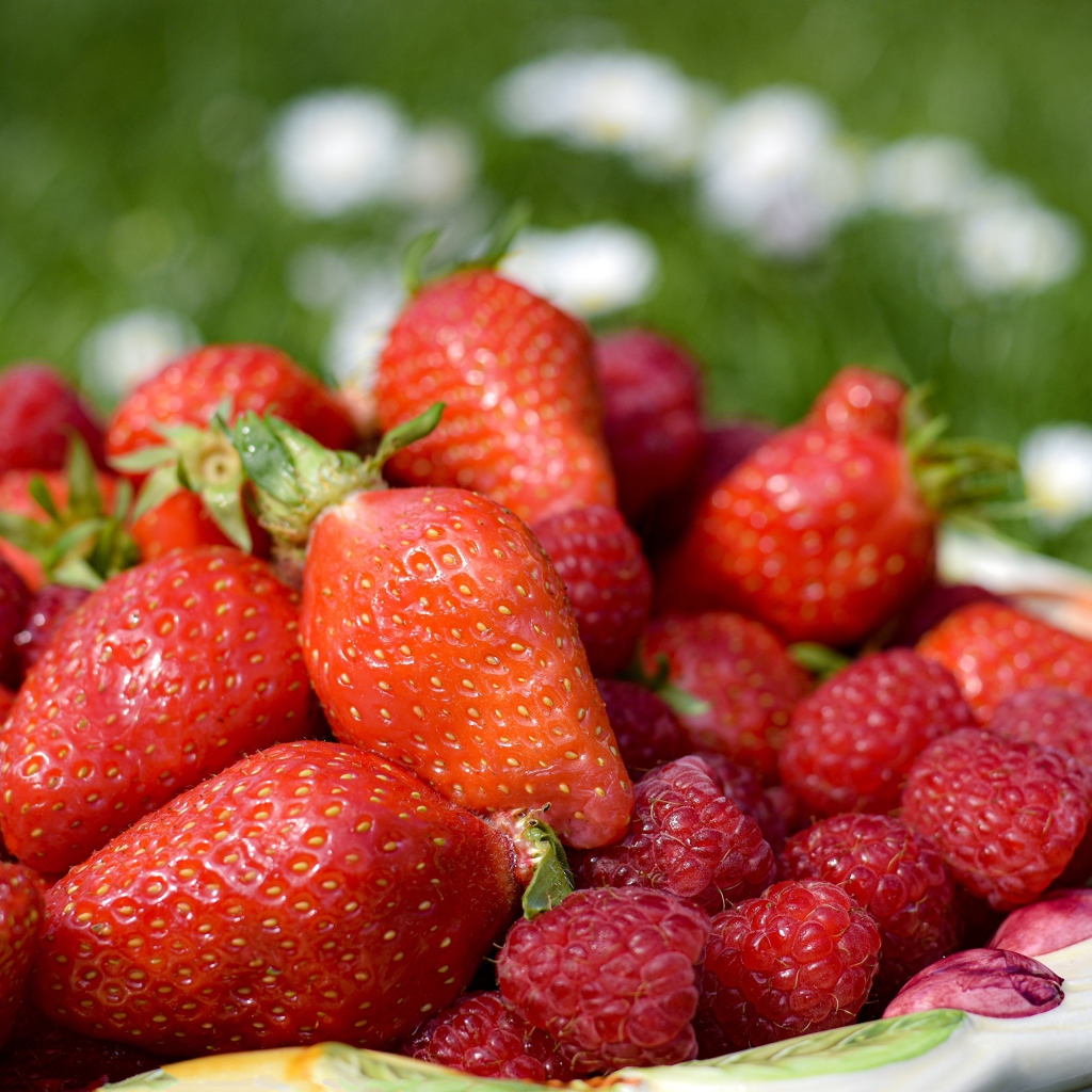 Спелая малина с ягодами клубники в тарелке 