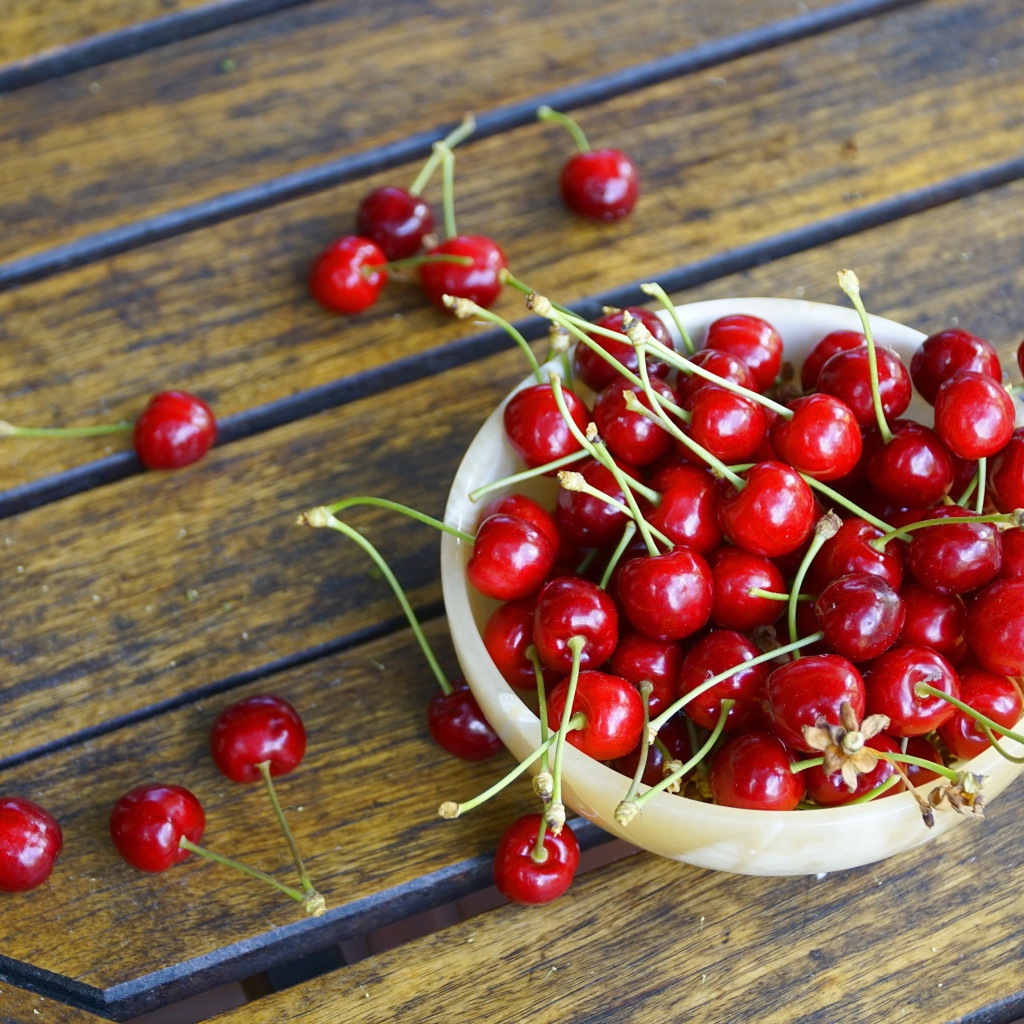 Спелые красные вишни в тарелке на столе 