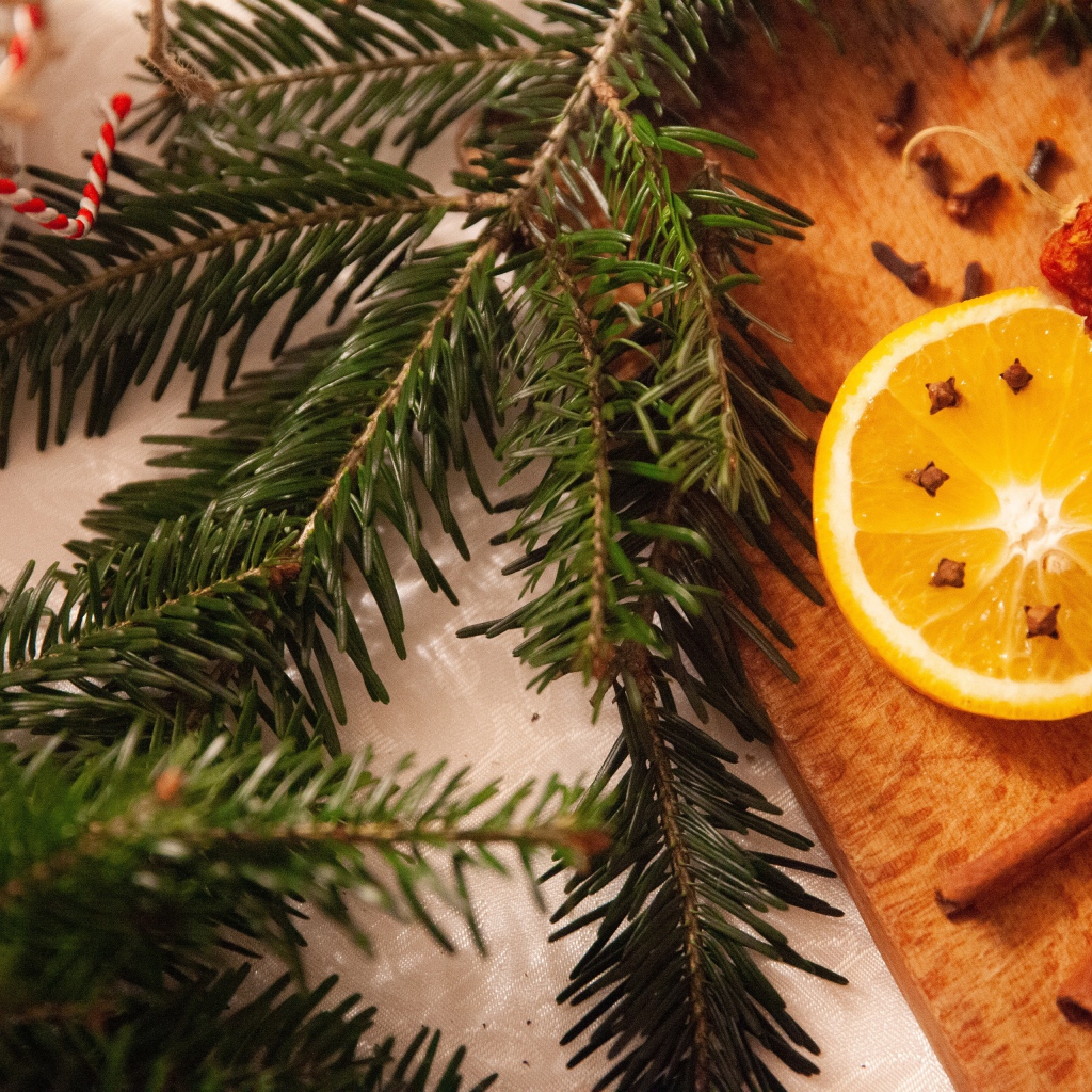 Еловая ветка с кусочками апельсина, корицей и гвоздикой 