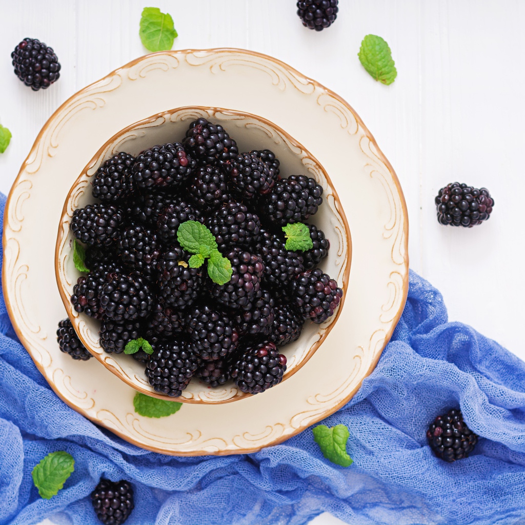 Вкусная спелая ежевика в тарелке на белом фоне с синей тканью 