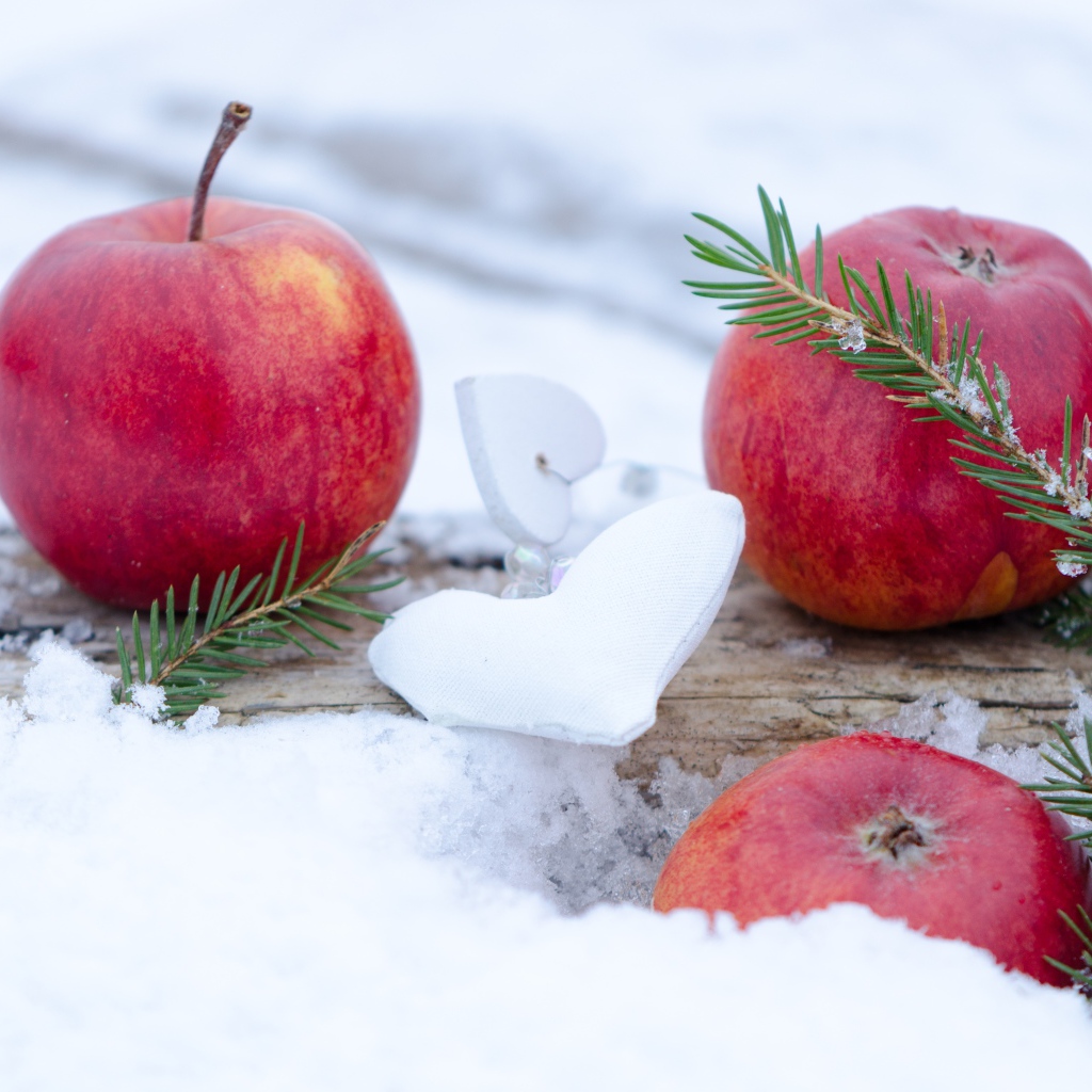 Три красных яблока лежат на снегу с еловой веткой 