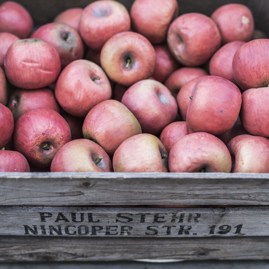 Деревянный ящик с красными спелыми яблоками