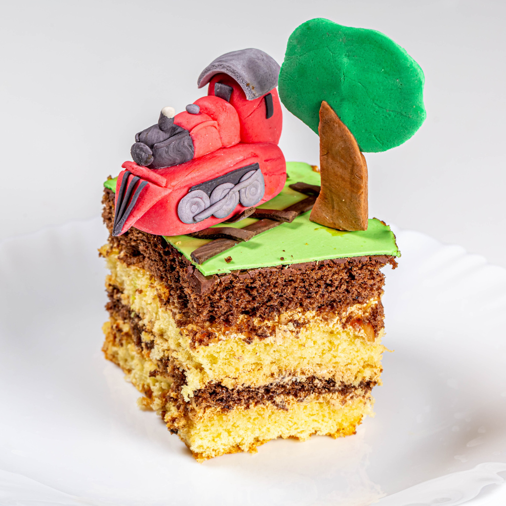 Кусок торта на белой тарелке с декором 