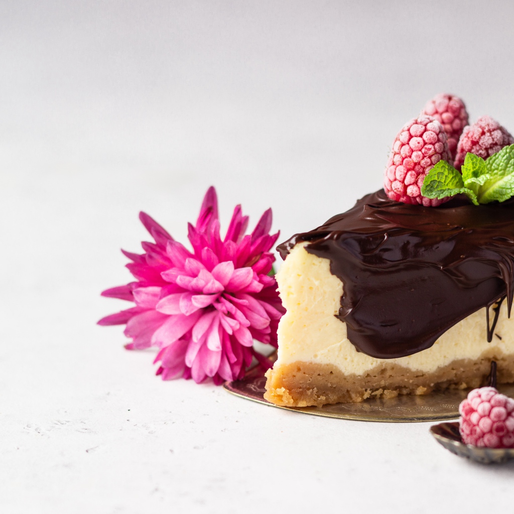 Кусок чизкейка с шоколадом на столе с малиной и цветком